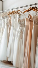 Showcasing a variety of wedding dresses arranged in a line for customers to browse and select from in a bridal store 