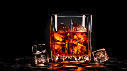 Whiskey glass with ice cubes on black background