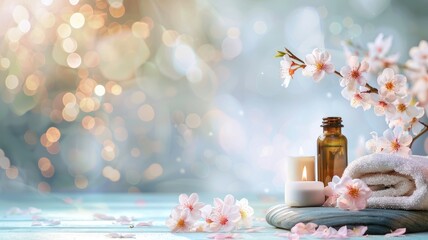 Spa essentials with cherry blossoms on serene backdrop