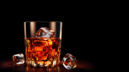 Whiskey glass with ice cubes on black background
