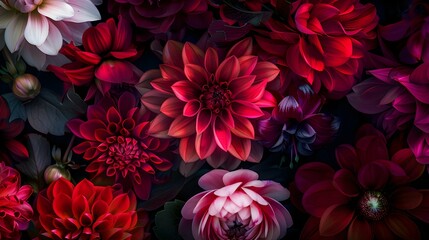 Red black vibrant flowers grouped together, showcasing various colors and shapes, set against a...