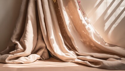 aesthetic natural textile background with abstract sunlight shadow neutral beige linen draped...
