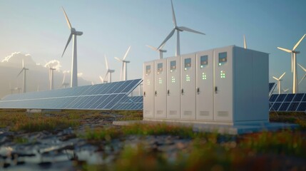 The large cabinet for battery storage cabinet and charge control system receives electrical power from wind turbines and solar cells Farm