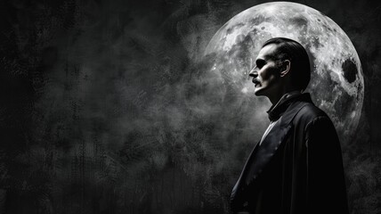 Obraz premium Man in dark attire with solemn expression standing before large moon misty ambiance