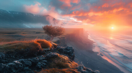Stunning landscape with a lone tree on a cliff, overlooking a stormy sea under a vibrant sunset.