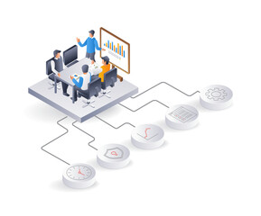 Business company development meeting team, flat isometric 3d illustration infographic