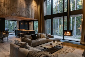 Minimal and rustic interior design of a cottage in the forest with big windows. Grey sofa with pillows, a kitchen and a fireplace in a living room