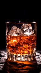 Whiskey glass with ice cubes on black background
