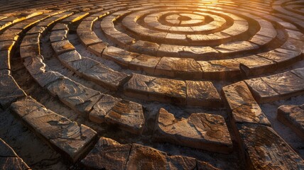 Ancient stone labyrinth at sunset with warm light casting shadows