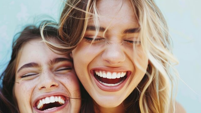 Two women laughing together with joy, close-up