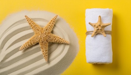 top view flat lay starfish and towel with sand on yellow background