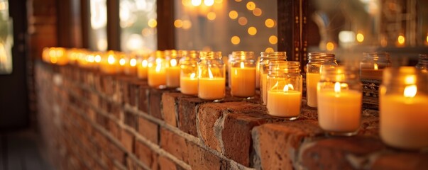 Warm candlelit ambiance in jars on brick ledge