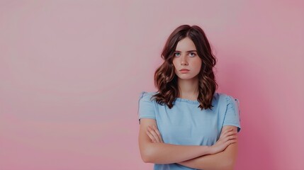 Obraz premium Photo of pretty young woman folded hands look empty space wear blue top isolated on pink color background