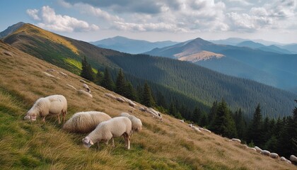 sheep grazing on grassy hillside alpine scenery of ukrainian carpathians in late summer rolling...