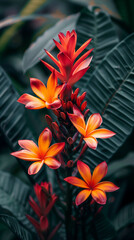 Fototapeta premium Cluster of orange and red tropical flowers with large green leaves in background.