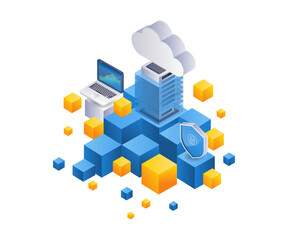 Blockchain analysis cloud server technology flat isometric illustration