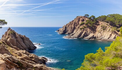 landscape of the cliffs on the coast of the province of girona on the costa brava in catalonia in...