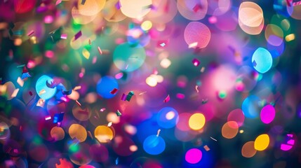 Vibrant, blurred confetti pieces floating in festive celebration atmosphere