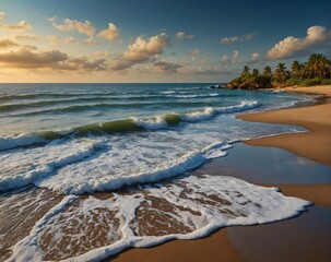 Beautiful beach shoreline with crashing waves on tropical island near sunset with palm trees in the distance