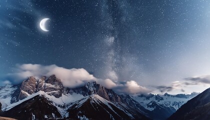 mountain backgrounds night sky with stars and moon and clouds