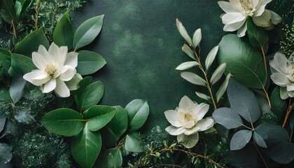 dark green floral background with realistic plants and leaves