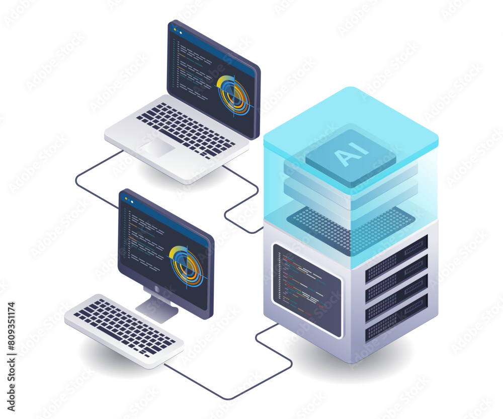 Poster artificial intelligence server computer technology flat isometric 3d illustration