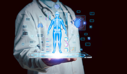 Health care and Health insurance concept. Doctor hand holding human body, organ holographic and medical icon access to welfare health. Disease examination and treatment of patients by expert doctor.