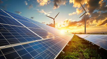 Solar panels and wind turbines stand against a vivid sunset, symbolizing sustainable energy solutions.