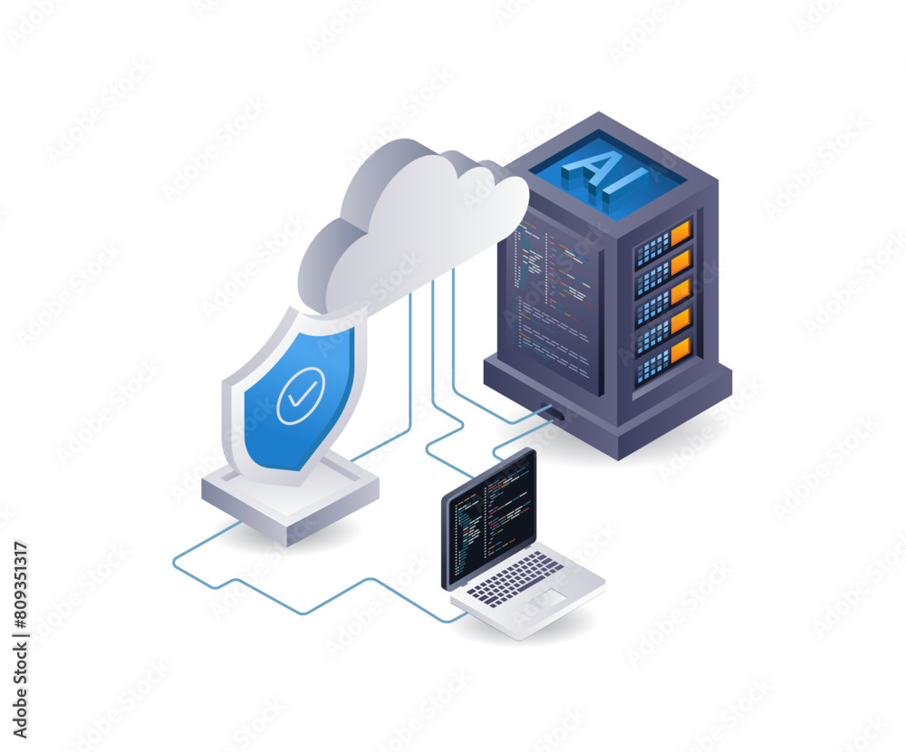 Aufkleber Artificial intelligence server computer security, infographic 3d illustration flat isometric