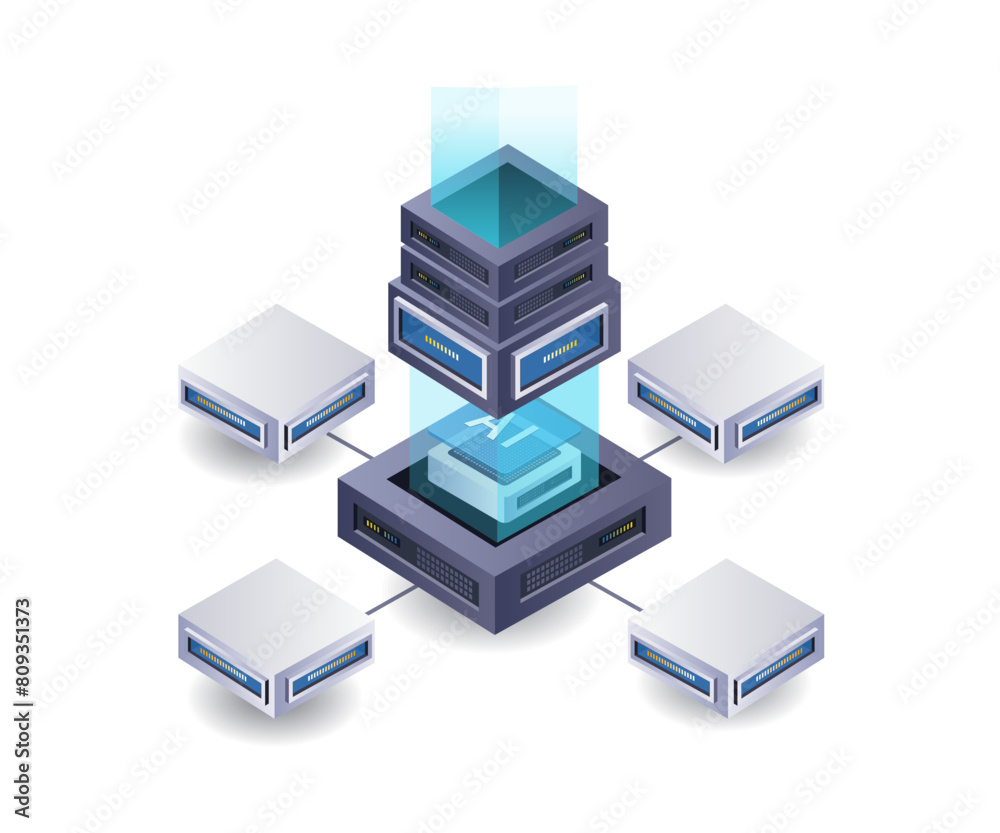 Poster artificial intelligence network server isometric flat illustration