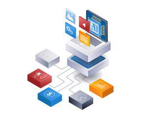 Artificial intelligence network startup launching infographic flat isometric 3d illustration