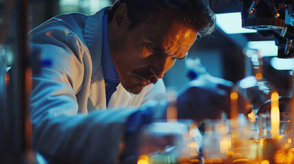 Focused scientist meticulously examines chemical samples in a modern laboratory, under intense lighting conditions.