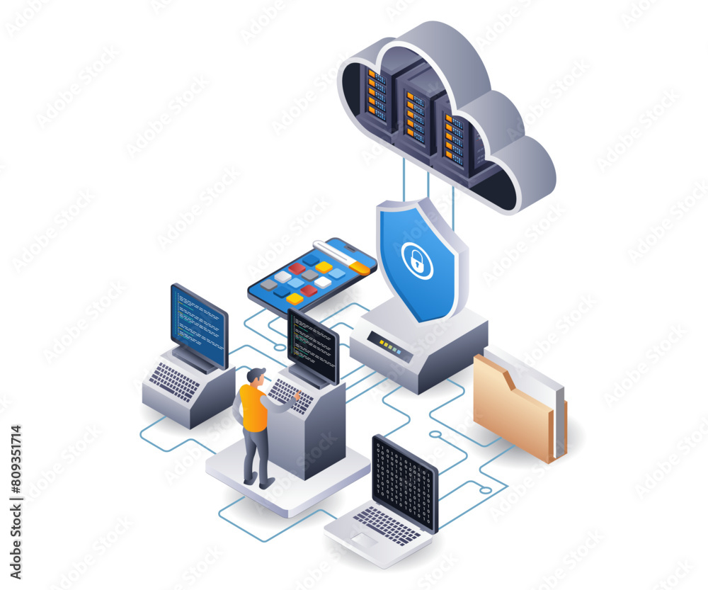 Poster Application developer with security hosting cloud server technology infographic illustration 3d flat isometric