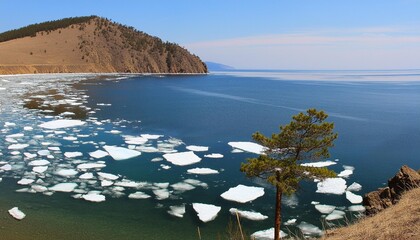 melting ice floes in the blue water of baikal lake in spring baikal lake siberia russia