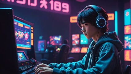 Asian young boy with headphones playing videogames in gamer saloon, anime style illustration