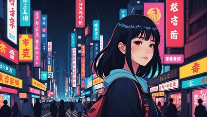 Anime girl with short dark hair on a crowded street of night Asian city, bright neon signs lights