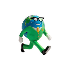 3D cartoon walking earth planet character on transparent background