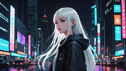 Anime girl with long blonde hair wearing black jacket in night street of asian city