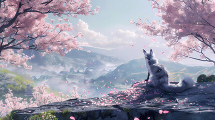 Collection of a majestic kitsune (nine-tailed fox) with fur like spun moonlight overlooks a breathtaking landscape of cherry blossom trees in full bloom