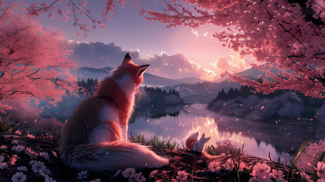 Collection of a majestic kitsune (nine-tailed fox) with fur like spun moonlight overlooks a breathtaking landscape of cherry blossom trees in full bloom