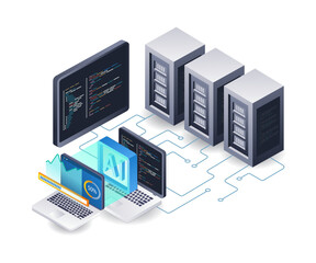 AI helps develop 3d flat isometric illustration infographic server hosting