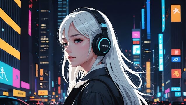 Portrait of anime girl with blonde hair and headphones at night modern city 