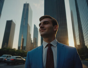 portrait of a young white entrepreneur businessman in the city, in front of skyscrapers