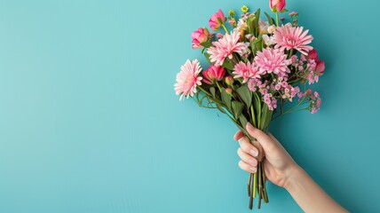 Arm holding colorful bouquet of flowers against blue backdrop