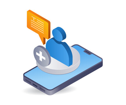 Adding new followers on smartphone social media, 3d flat isometric illustration infographics