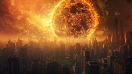 Apocalyptic cityscape with large fiery planet close to Earth