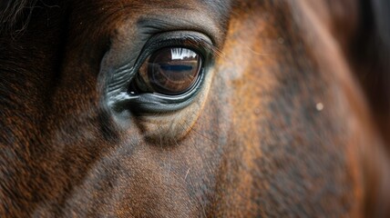 Close-up of horse's eye reflecting light with detailed fur texture