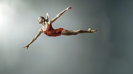 Naklejka premium In-flight gymnast: A female acrobatics performer leaps mid-air in a graceful routine