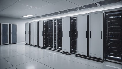 Server racks in computer network security server room data center. Contemporary background. Network server room with computers. Technology and telecommunication concept.