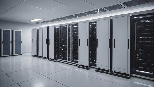 Server racks in computer network security server room data center. Contemporary background. Network server room with computers. Technology and telecommunication concept.